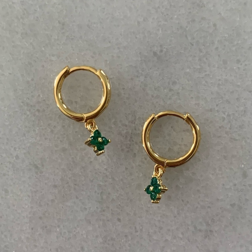 Gold Green Flower Crystal Dangle Huggie Hoop Earrings